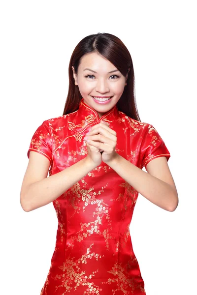 Mujer con gesto de felicitación — Foto de Stock