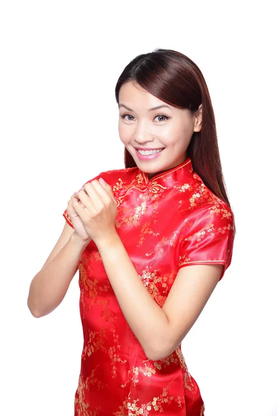 Vrouw met gebaar van felicitatie — Stockfoto