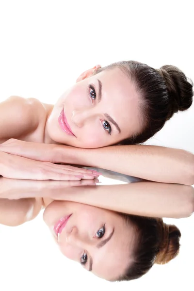 Beauty woman face with mirror reflection — Stock Photo, Image