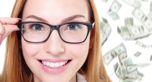 Business woman touch eye glasses with money — Stock Photo, Image