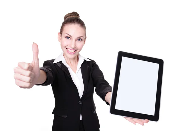 Mulher de negócios ou professor mostrando tablet pc — Fotografia de Stock