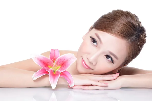 Beauty woman face with flower — Stock Photo, Image