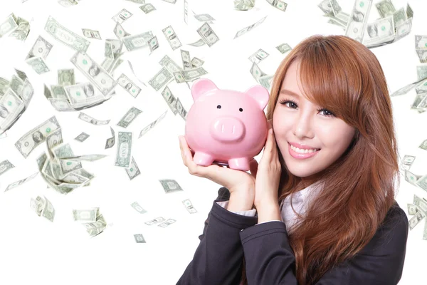 Piggy bank megtakarítási nő, boldog, mosolyog — Stock Fotó