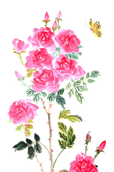 Hagyományos kínai festészet, a pünkösdi rózsa és a pillangó — Stock Fotó