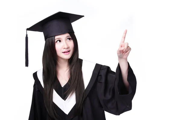 Graduarse dedo estudiante apuntando al espacio de copia — Foto de Stock