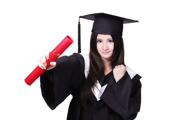 Glückliche Doktorandin mit Diplom — Stockfoto