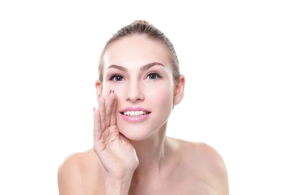 Sonriente cuidado de la piel mujer susurrar — Foto de Stock