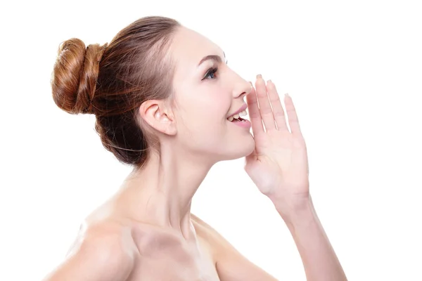 Sonriente cuidado de la piel mujer susurrar —  Fotos de Stock