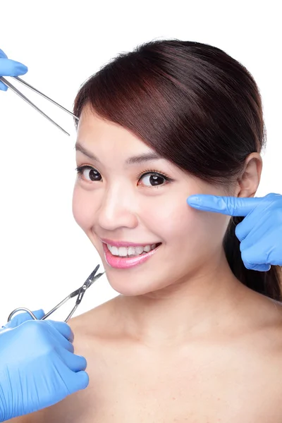 Beautiful female face with Plastic surgery glove — Stock Photo, Image