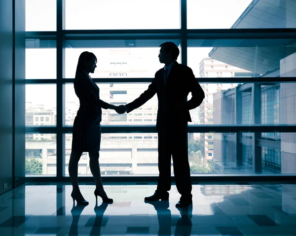 Mulher de negócios bem sucedida e homem handshaking — Fotografia de Stock