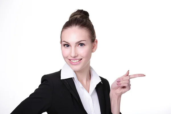 Happy young business woman showing — Stock Photo, Image