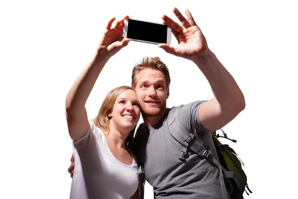 Selfie casal feliz por telefone inteligente — Fotografia de Stock