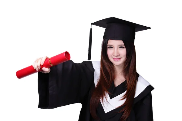 Menina estudante de pós-graduação feliz com diploma — Fotografia de Stock