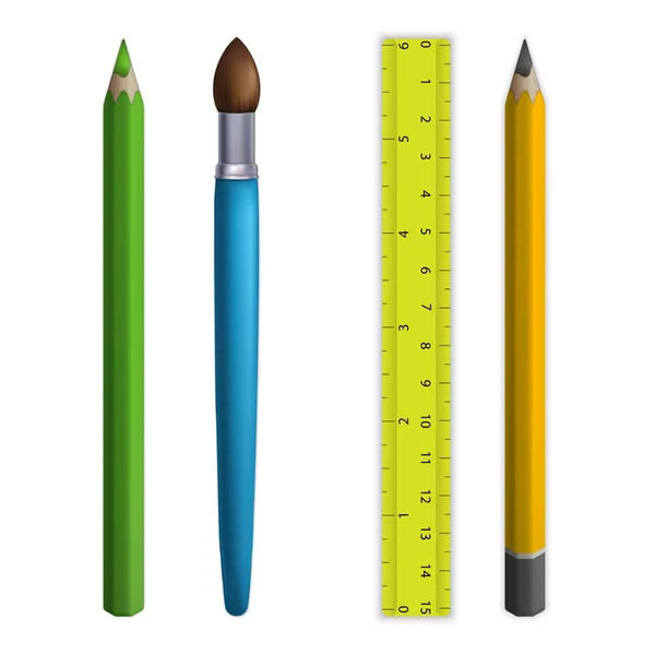 Stationary: pencils, paintbrush, ruler — Stock Vector