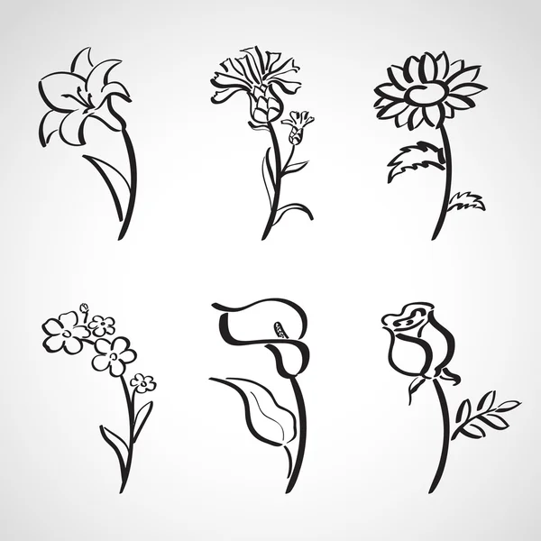 Σύνολο σκίτσο στυλ μελάνι - καλοκαίρι λουλούδια — Διανυσματικό Αρχείο