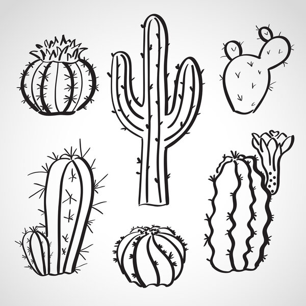 Set de bocetos estilo tinta - set de cactus — Vector de stock