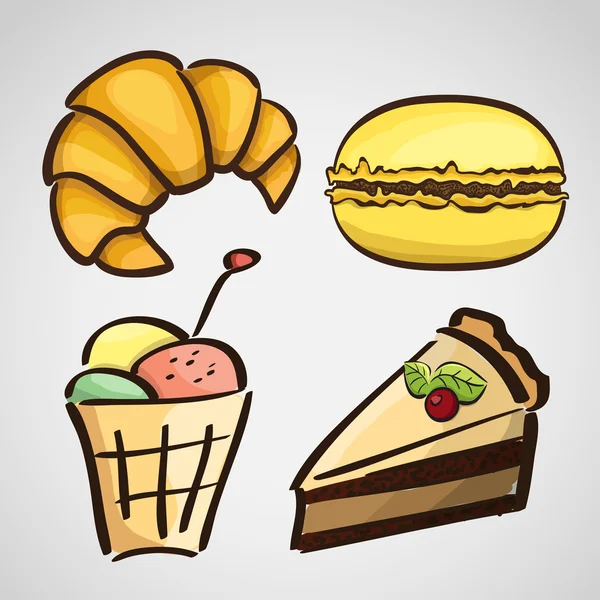 Bonbons de style croquis gâteau, croissant, macaron — Image vectorielle