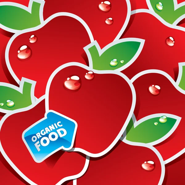 Fondo de manzanas rojas con la flecha por los alimentos orgánicos. Vecto. — Vector de stock