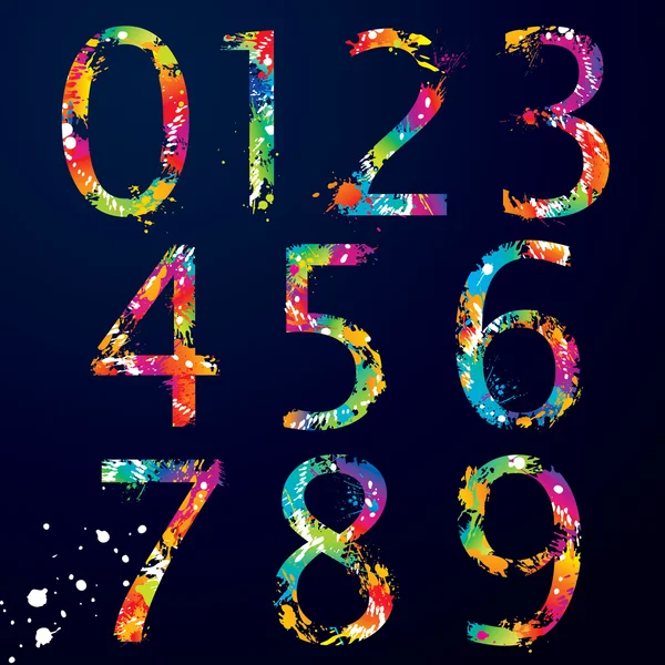 Γραμματοσειράς - πολύχρωμο αριθμούς με σταγόνες και πιτσιλιές από 0 έως 9 Διάνυσμα Αρχείου