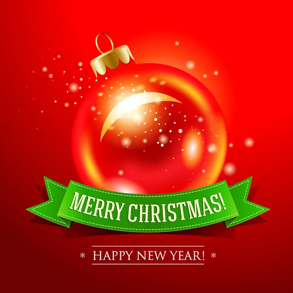 Weihnachtskarte mit roter Christbaumkugel und Aufschrift auf grünem Band — Stockvektor