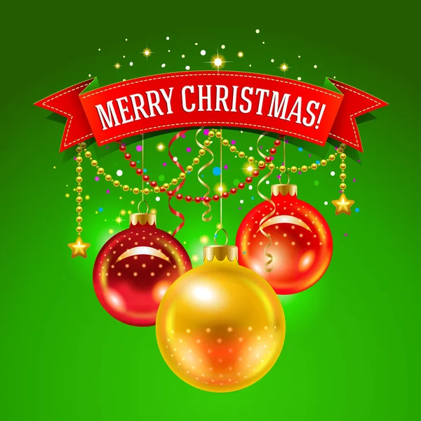 Weihnachtskarte mit Christbaumkugeln und Aufschrift auf rotem Band — Stockvektor