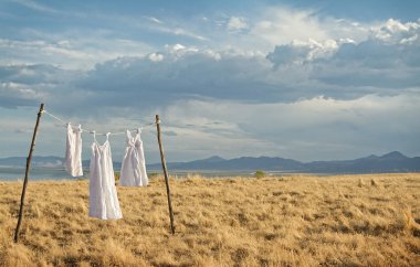 White dresses hanging on a line clipart