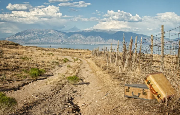 Bagagem vintage sentado por uma estrada de terra — Fotografia de Stock