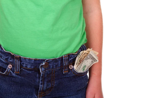 Child with money in pocket — Stock Photo, Image