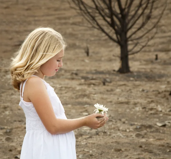 Meisje bedrijf bloem in baren landschap — Stockfoto