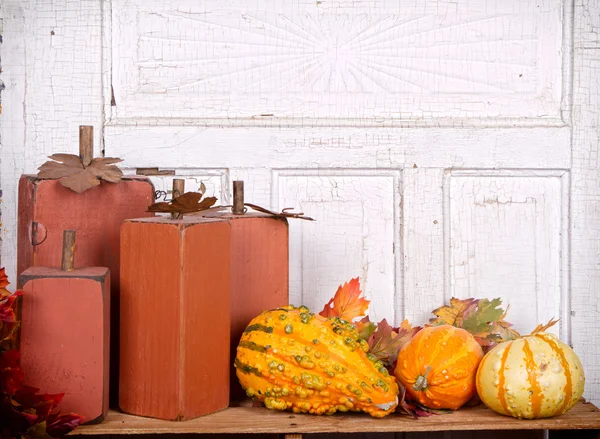 Wooden pumpkins autumn still life — Stock Photo, Image