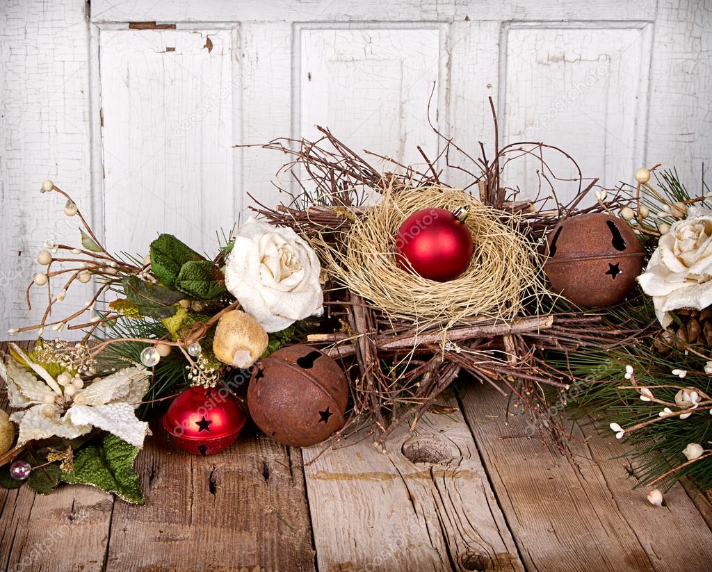 Christmas ornaments on wooden background