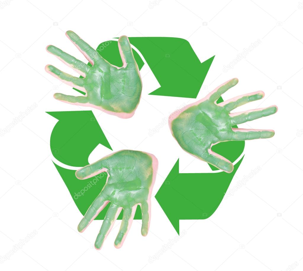 Green hands with the recyle symbol