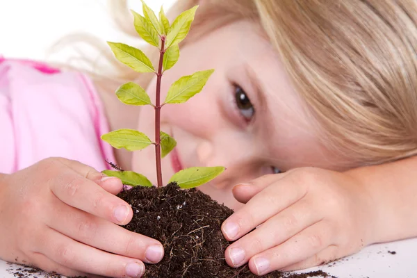 Child with plant smiling — Stock Photo, Image