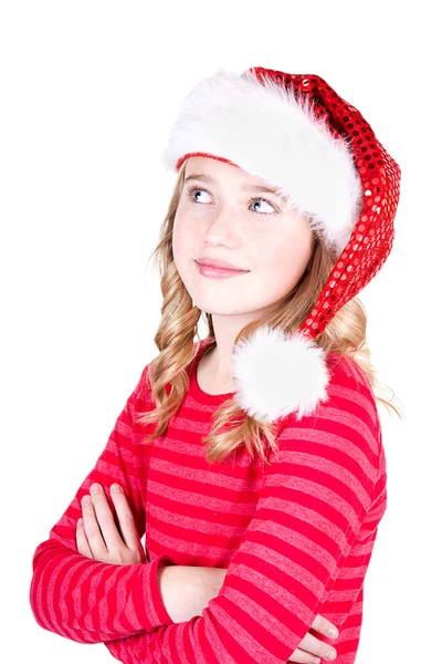 Bambino o adolescente che indossa un cappello di Babbo Natale — Foto Stock