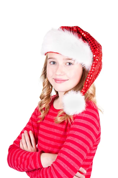 Criança ou adolescente usando um chapéu de Papai Noel — Fotografia de Stock