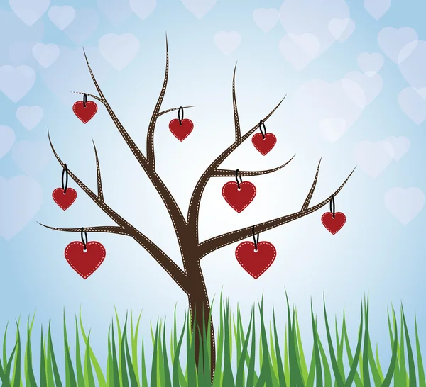 Corazones colgando de un árbol — Vector de stock