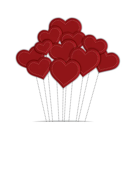 Ballons coeur rouge avec cordes cousues — Image vectorielle