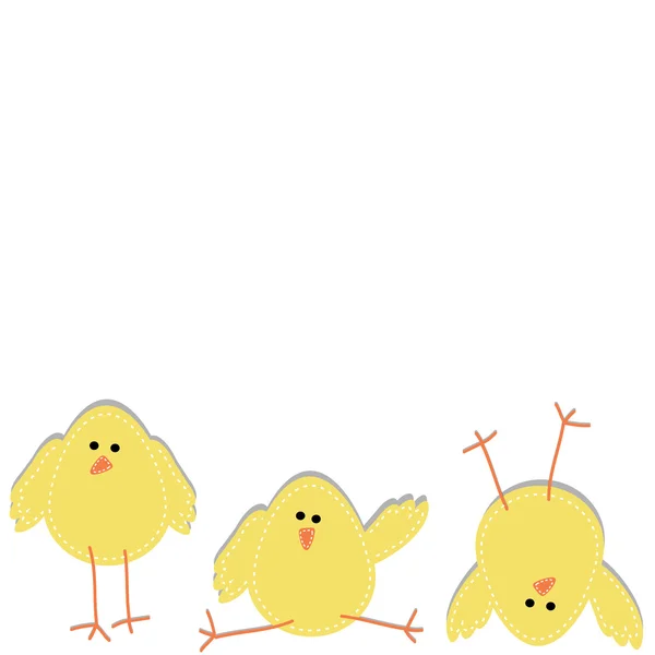 Drie kuikens op de bodem van de pagina in grappige poses — Stockvector
