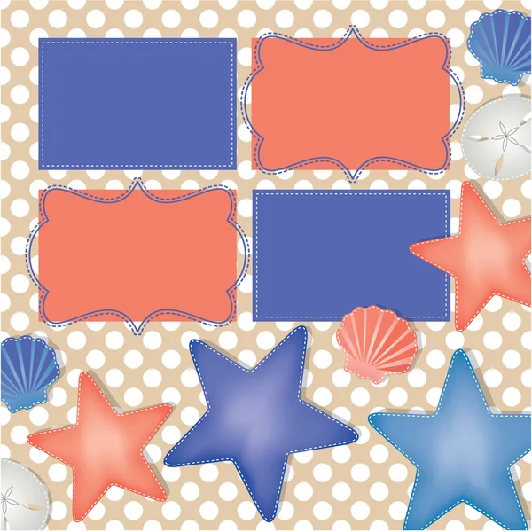 Beach and ocean layout with starfish, sand dollars and shells — Stock Vector