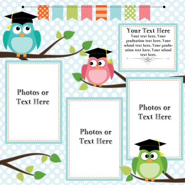 Owls wearing graduation caps with banner or bunting — Stock Vector