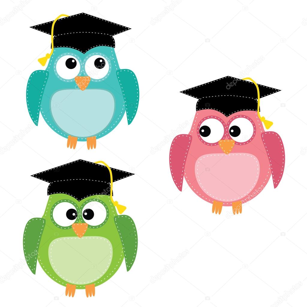 Three owls with graduation caps