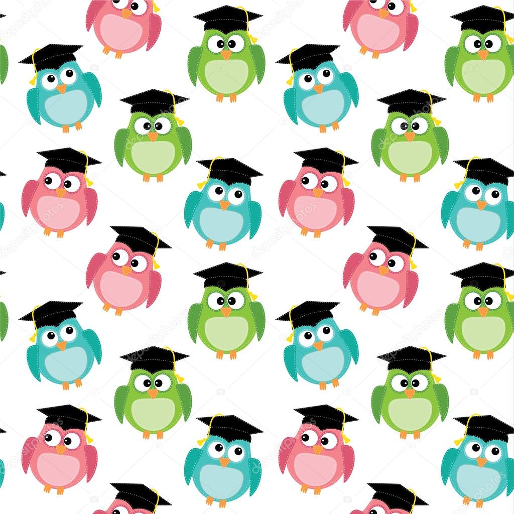 Owls with graduation caps seamless pattern