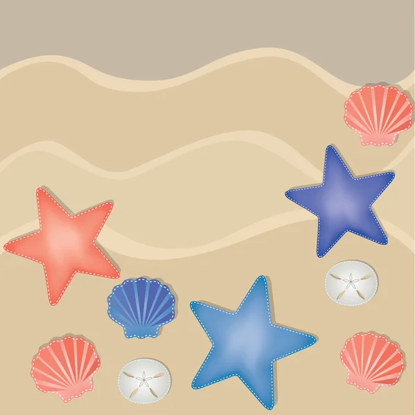 Coquilles, étoiles de mer et dollars de sable sur une plage de sable — Image vectorielle