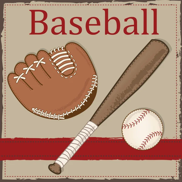 Vintage beisebol, luva ou mitt e morcego de madeira — Vetor de Stock