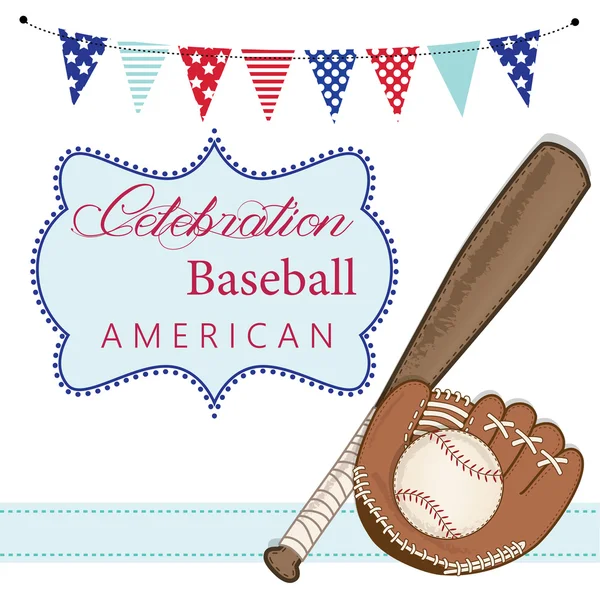 Baseball, guanto o guanto, e pipistrello con striscioni patriottici americani — Vettoriale Stock