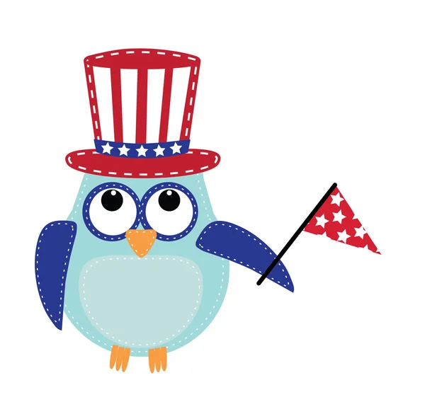 Owl wearing a patriotic uncle sams hat holding a flag — Stock Vector
