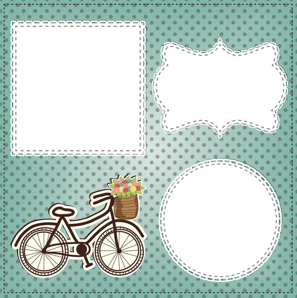 Vintage bicycle with flowers in basket layout, with vintage lace — Stock Vector