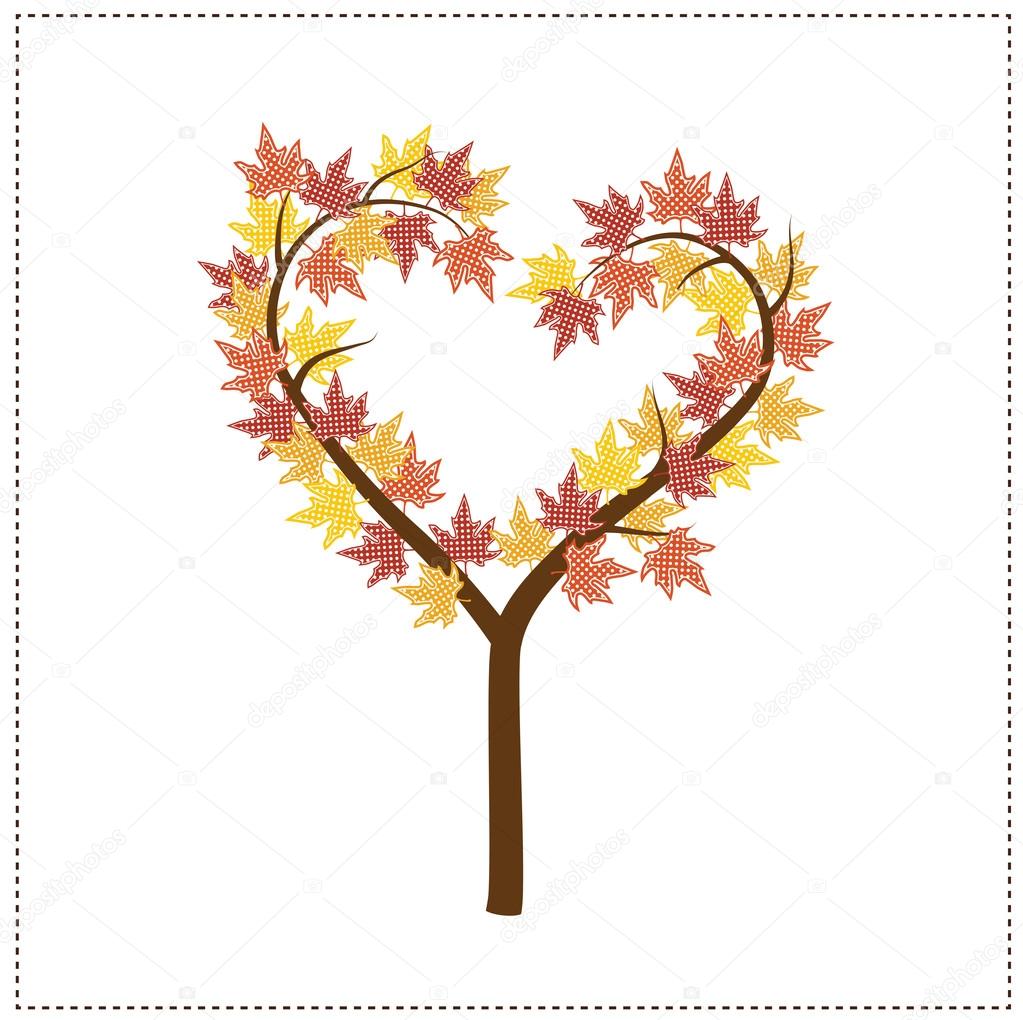 Autumn tree shaped like a heart with maple leaves