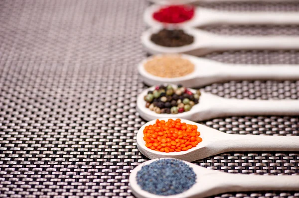 Colorful mix of spices with poppy seeds, pepper corns, bean seeds and other hot ingredients — Stock Photo, Image