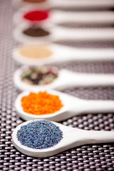 Detail of poppy seeds in wooden spoon, set of ingredients and spices for aromatic foods — Stock Photo, Image